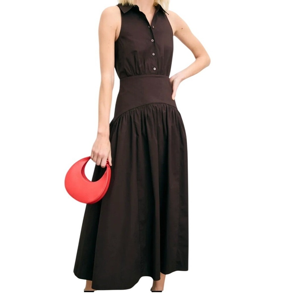 Staud Collared Brown Cotton Sleeveless Dress Size 8